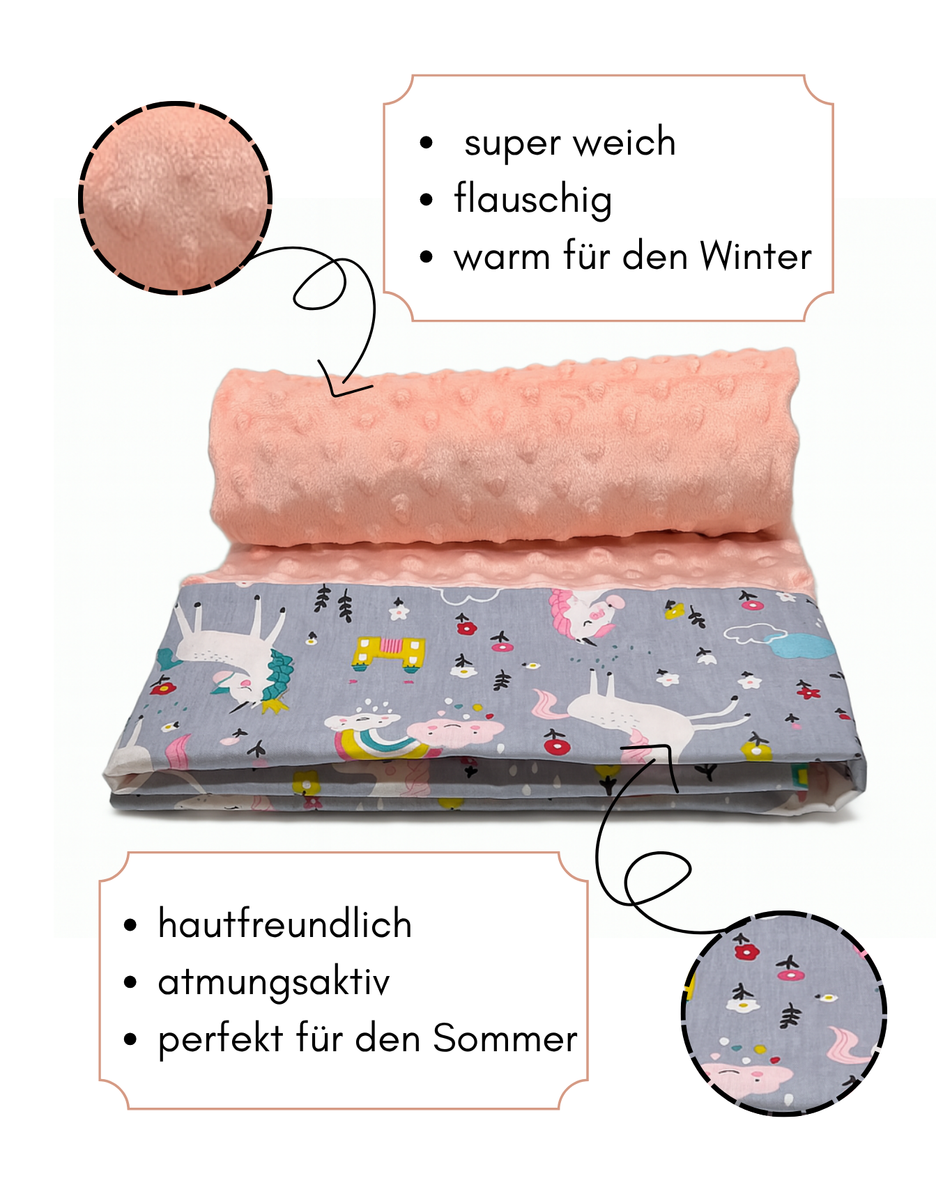 Einhorn Babydecke – Weiche Minkydecke Geschenkidee Beidseitig, Rosa Grau, 75×100 cm