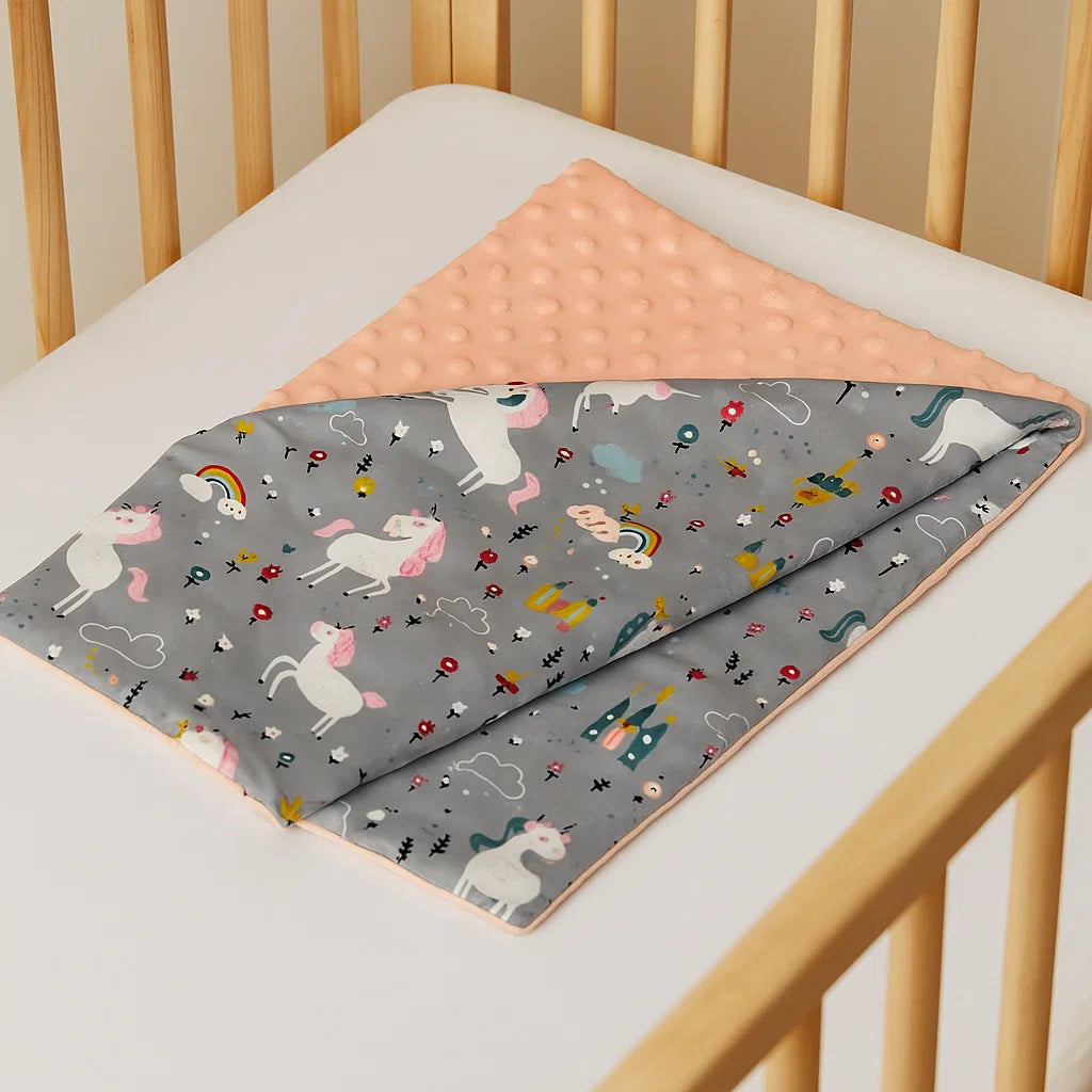 Einhorn Babydecke – Weiche Minkydecke Geschenkidee Beidseitig, Rosa Grau, 75×100 cm