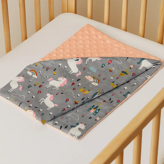 Einhorn Babydecke – Weiche Minkydecke Geschenkidee Beidseitig, Rosa Grau, 75×100 cm
