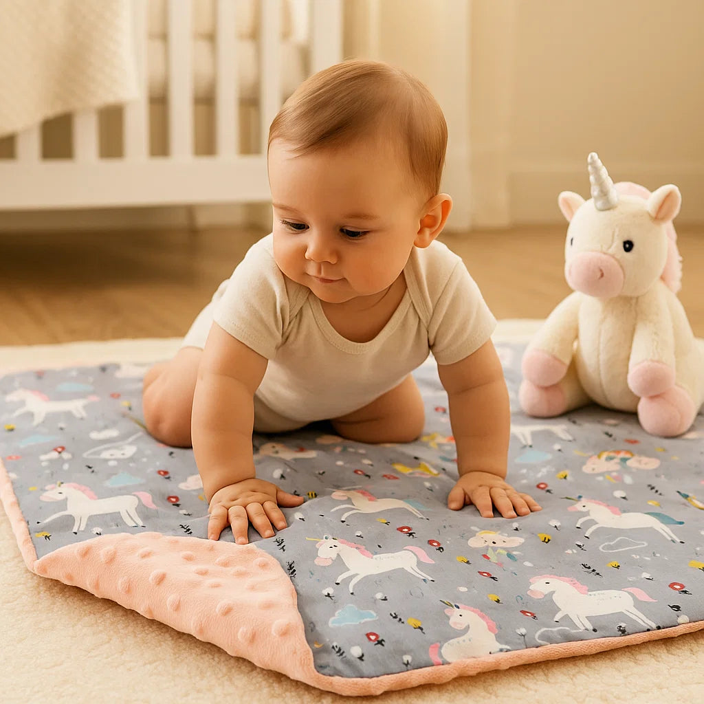 Einhorn Babydecke – Weiche Minkydecke Geschenkidee Beidseitig, Rosa Grau, 75×100 cm