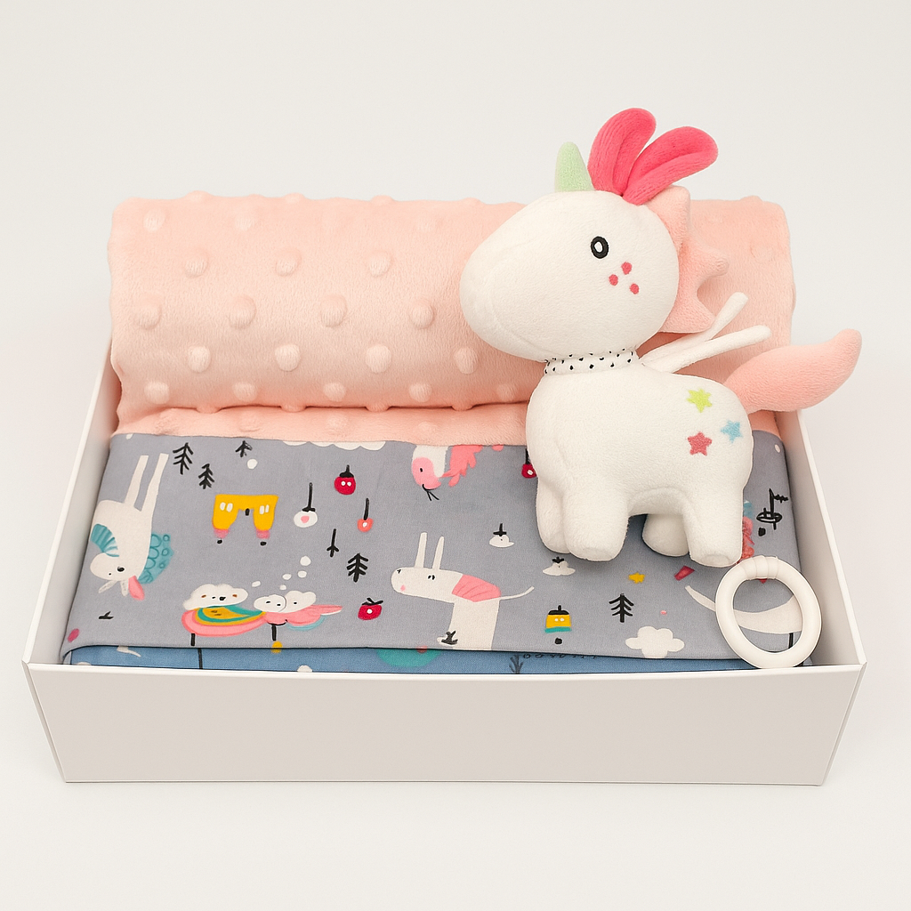 Einhorn Babydecke – Weiche Minkydecke Geschenkidee Beidseitig, Rosa Grau, 75×100 cm